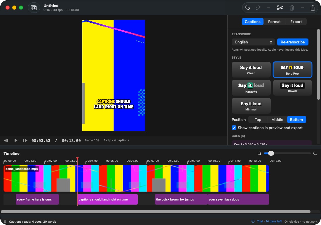 Stillreel with a vertical 9:16 preview, Bold Pop captions and the caption cues on the timeline