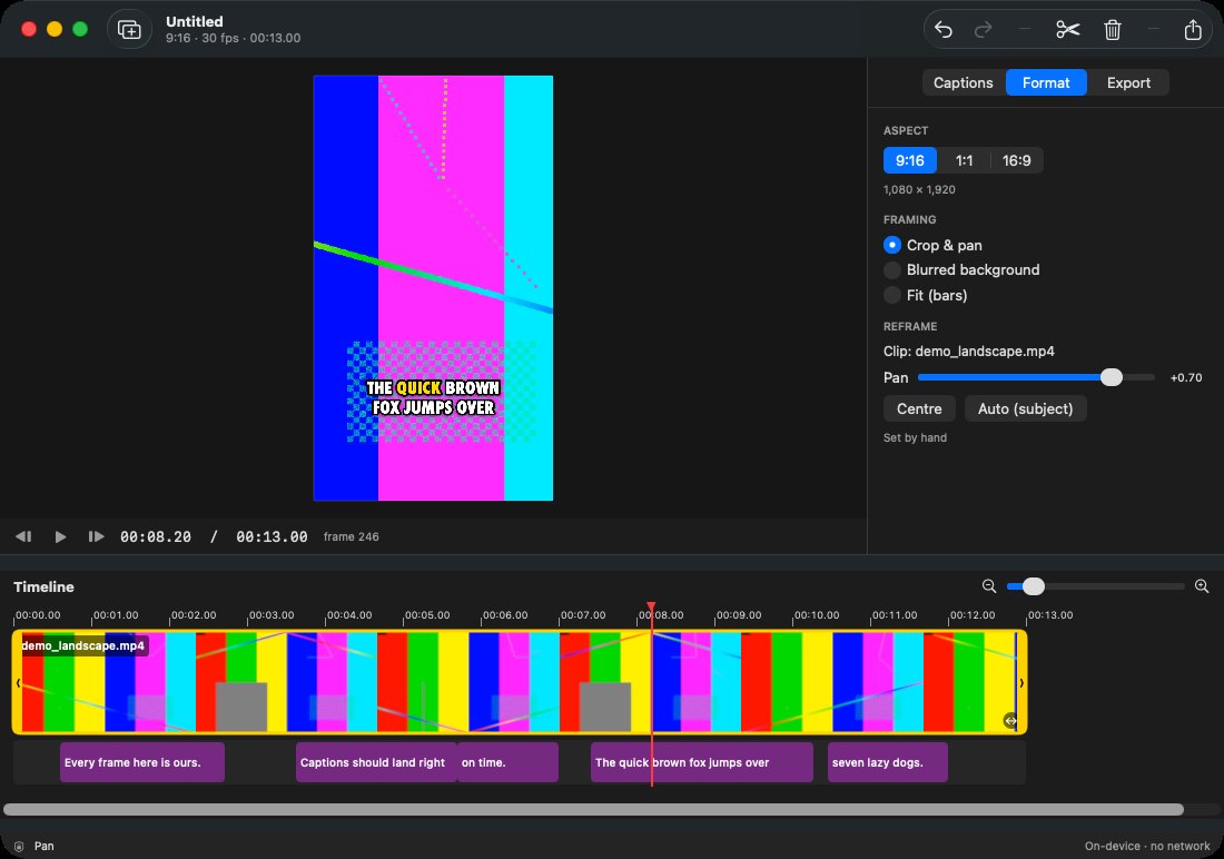 Format tab with 9:16 aspect, crop and pan framing and a pan slider, Bold Pop captions in the preview
