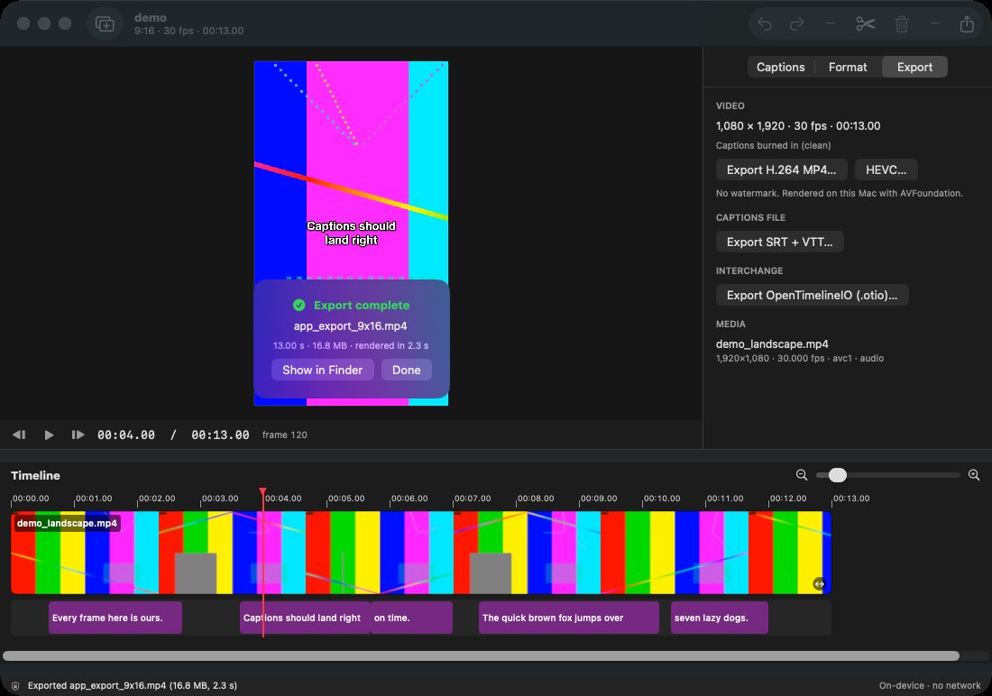 Export complete: a 13-second 1080 by 1920 MP4 rendered in 2.3 seconds, with no watermark